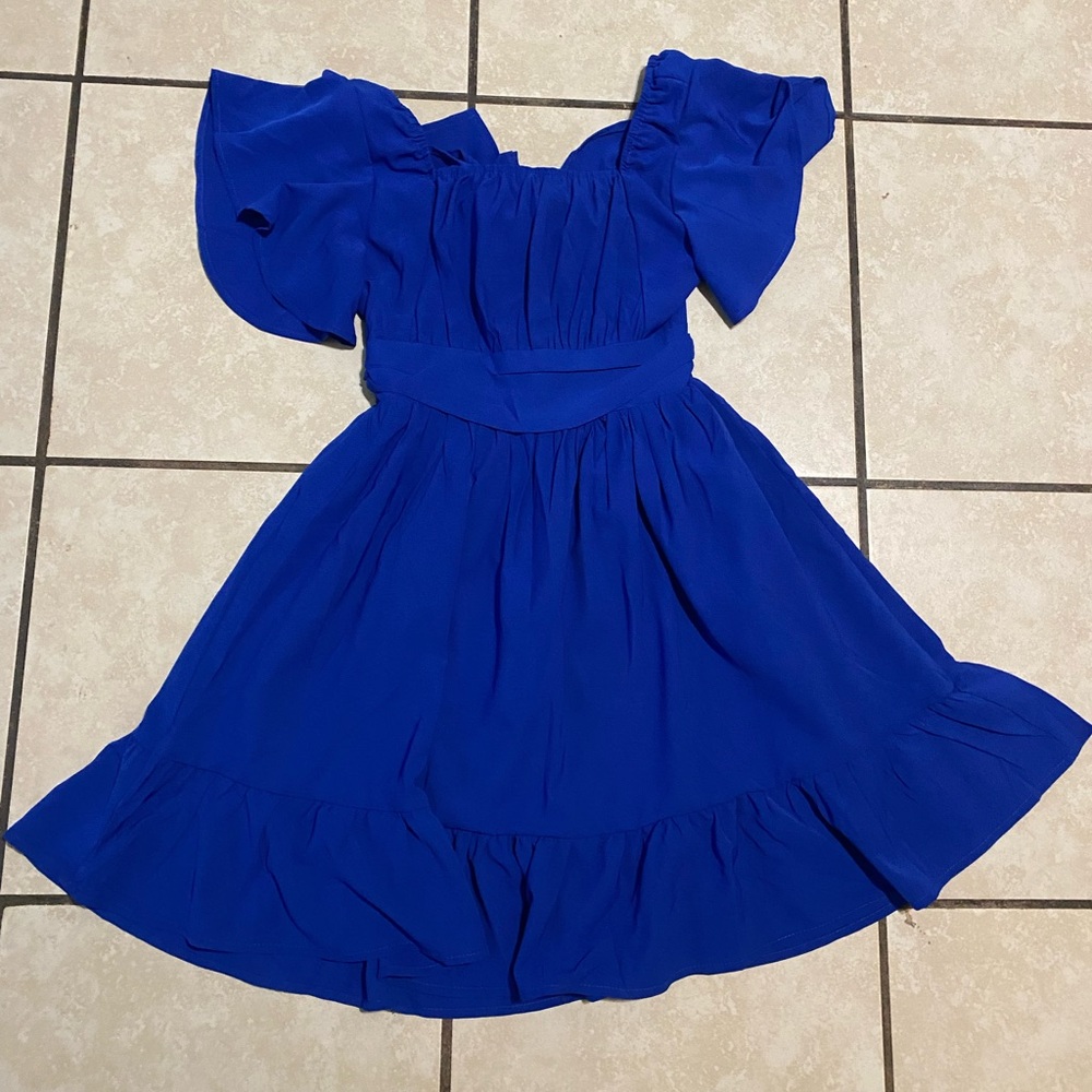 Girls Royal Blue Ruffle Off-Shoulder Dress
